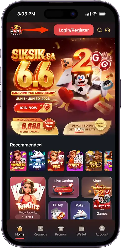 Click the Login Register Button to Start Your GameZone Register Process