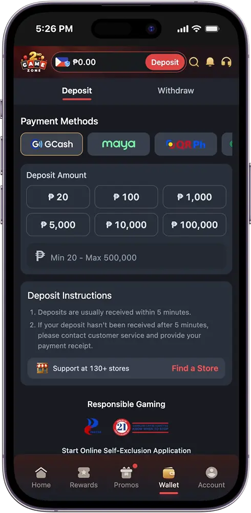 GameZone Deposit Payment Methods Screen Showing GCash Maya QR Ph GrabPay MannyPay and Coins.ph