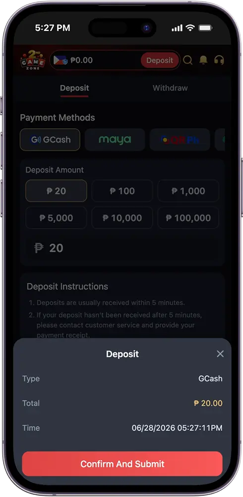 GameZone Deposit Transaction Confirmation Modal Screen