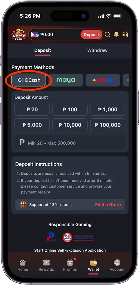 GameZone GCash Deposit Payment Method Selection Screen